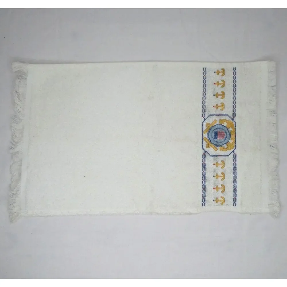 2 Coast Guard Cross Stitch Fingertip Towels Off White Anchors Ship Wheels Emblem